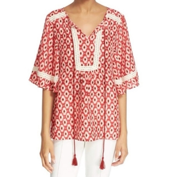 Kate Spade 100% Silk Posy Ikat Bohemian Red Patterned Women's Top - Picture 2 of 10